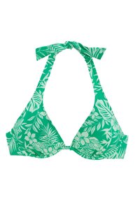 Groene bikini bovenstuk met een tropisch blad- en bloemenpatroon, halternekontwerp met geknoopte banden en driehoekige vorm.