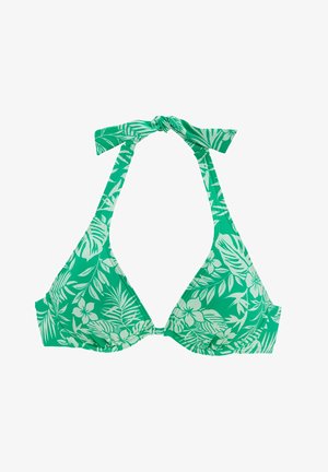 Grüner Bikini-Oberteil mit tropischem Blatt- und Blumenmuster, Halterneck-Design mit geknoteten Bändern und dreieckiger Form.