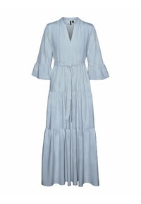 Vestido maxi con escote en V, mangas cortas con volantes, rayas verticales azules y blancas, diseño en capas y un cinturón de tela en la cintura.