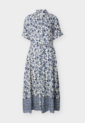 Λευκό midi φόρεμα με μπλε λουλουδένια σχέδια, κοντά μανίκια, μπροστινό άνοιγμα με κουμπιά, γιακά και ραμμένη κάτω όψη με περίτεχνο σχέδιο περιγράμματος.