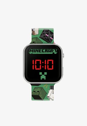 Digitale klok met een zwart wijzerplaat met rode cijfers, een zilveren frame en een groen patroonband met Minecraft-personages en elementen.