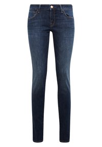 Dark blue denim skinny jeans featuring a five-pocket design, subtle yellow stitching, and a front button closure. Smooth texture throughout.