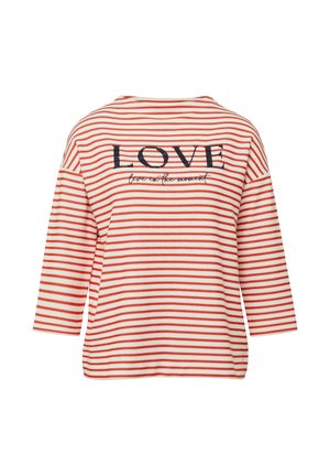 Czerwona i biała koszula w paski z długim rękawem, na przodzie haft z napisem "LOVE" oraz tekstem pisanym kursywą, luźny krój, dekolt typu crew.