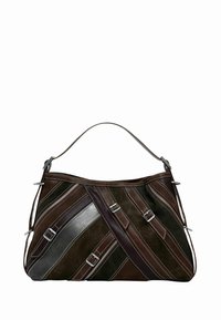 Pruun nahast kott diagonaalsete triibuliste mustritega tumepruunis, hallis ja rohelises. Varustatud hõbedaste pandlate ja lukkudega. Ühe õlarihmaga.