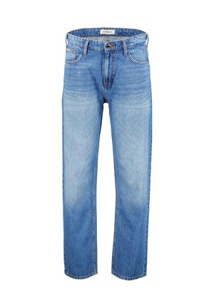 Niebieskie jeansy z denimu o prostych nogawkach, z przednimi kieszeniami, szlufkami na pasek i zapięciem na guzik na białym tle.