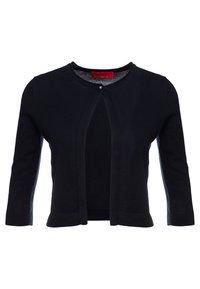 Schwarze Strickjacke mit rundem Ausschnitt, Dreiviertelärmeln und einem dekorativen Verschluss vorne; hellere Stoffpaneele an den Seiten.