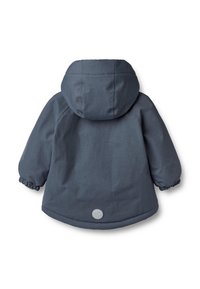 Tummanharmaa hupullinen takki, jossa on kerätyt hihansuut, pyöristetty helma ja pyöreä logo takana. Valmistettu sileästä, vettä hylkivästä materiaalista.