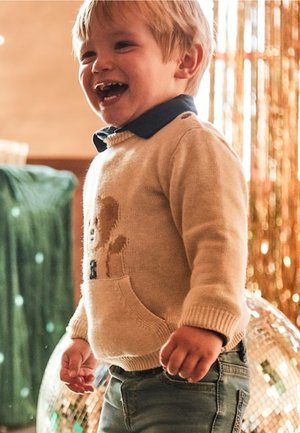 Maglione beige lavorato a maglia con grafica di un leone sulla tasca, indossato sopra una camicia blu scuro. Jeans blu e una palla da discoteca scintillante sullo sfondo.