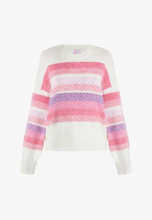 Baltas megztinis su plačiomis rožinėmis, violetinėmis ir alyvinėmis juostelėmis. Minkšta tekstūra, apvalus iškirpimas ir ilgomis rankovėmis su raštuotais rankogaliais. Storas mezginys.