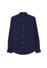 Camisa de manga larga azul marino hecha de tela texturizada; cuenta con cuello abotonado, bolsillo frontal y botones de perla a lo largo de la tapeta.