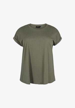 Alyvuogių žalia T-maiškelis, trumpomis rankovėmis su suktiniais, apvalia iškirpte, minkšta medvilnės medžiaga, laisvas kirpimas, vienspalvis dizainas.