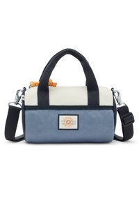 Small tote bag with a cream top, blue bottom, and black straps. Features a logo patch and an orange accent on the zipper. Rectangular shape.