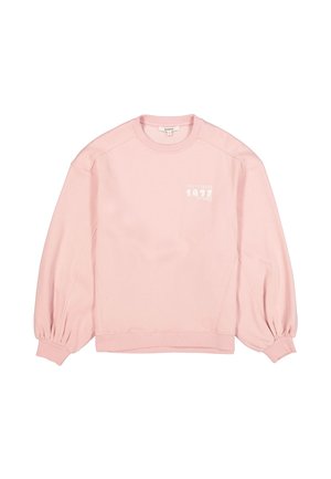 Lichtroze sweatshirt met geplooide lange mouwen en witte tekst "1972" op de linkerborst, geribde kraag en boorden.
