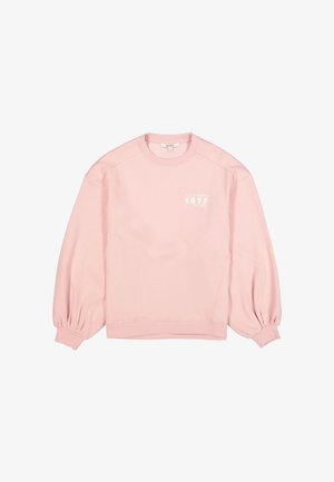 Lichtroze sweatshirt met geplooide lange mouwen en witte tekst "1972" op de linkerborst, geribde kraag en boorden.