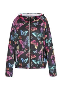 Jachetă cu glugă dintr-un material negru, decorată cu modele colorate de fluturi în nuanțe de albastru, roz, galben și portocaliu. Include un fermoar frontal și buzunare.