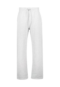 Pantalones de chándal grises claros con cinturilla elástica y cordón ajustable, corte recto y sin patrones ni logotipos visibles.