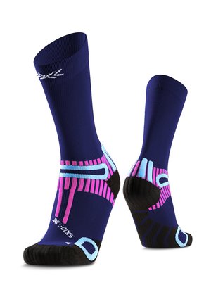 Navy blue athletic socks with pink, light blue, and black geometric support zones, shown standing upright on white background.