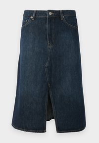 Mørk denimskjørt med frontsplitt, fem lommer og knappelukking. Stoffet har en jevn tekstur med kontrasterende sømmer.