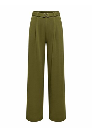 Pantalon large kaki à taille haute, plis sur le devant, ceinture assortie avec boucle double anneau.