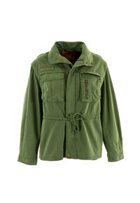 Chaqueta de algodón verde con cierre de cremallera y parte delantera con botones a presión, cintura ajustable con lazo, múltiples bolsillos y detalles de costura reforzada.