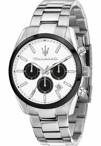 Silberner Edelstahl-Uhren mit einem weißen Zifferblatt, schwarzen Chronographen-Subziffern und einer Datumsanzeige. Verfügt über eine strukturierte Lünette und ein Gliederarmband.