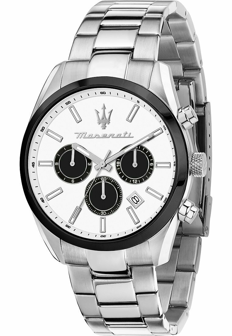 Silberner Edelstahl-Uhren mit einem weißen Zifferblatt, schwarzen Chronographen-Subziffern und einer Datumsanzeige. Verfügt über eine strukturierte Lünette und ein Gliederarmband.