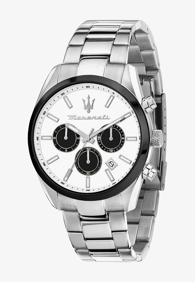 Silberner Edelstahl-Uhren mit einem weißen Zifferblatt, schwarzen Chronographen-Subziffern und einer Datumsanzeige. Verfügt über eine strukturierte Lünette und ein Gliederarmband.