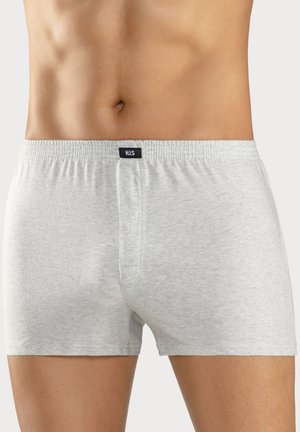 Gray cotton boxer shorts with elastic waistband and a small label. The fabric appears soft with a plain texture and a fitted design.