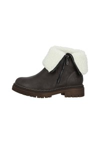 Botas de tobillo de cuero marrón con un puño de piel sintética blanca, cremallera lateral y suela robusta. Detalle de costura a lo largo del borde de la suela.