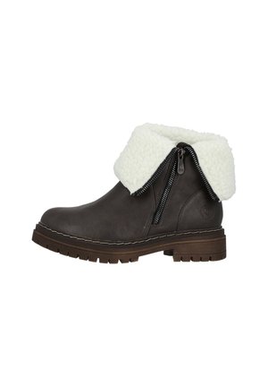 Brown leather ankle boots with a white faux fur cuff, side zipper, and a rugged sole. Stitching detail along the edge of the sole.