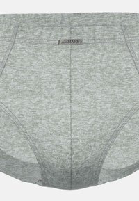 Slip grigi con motivo, realizzati in tessuto morbido, dotati di una fascia elastica liscia con l'etichetta del marchio "AMMANN" cucita nella parte anteriore.