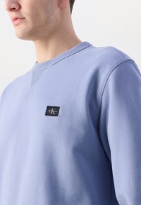 Lys blå sweatshirt med rund hals, blød tekstur og et lille sort logo-patch på forsiden. Har ribbede manchetter og kant.