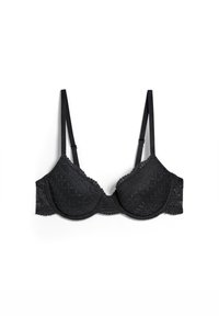 Reggiseno in pizzo nero con un design strutturato, spalline regolabili, intricati motivi geometrici e bordi scallop.