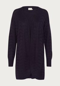 Dunkelblaues Cardigan aus strukturiertem Strickstoff, mit einem Schalkragen und offener Vorderseite, langen Ärmeln und lässigem Schnitt.