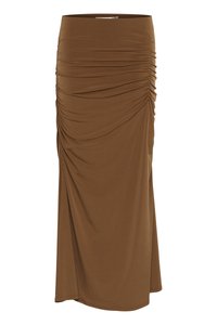 Brown, knee-length skirt made of stretchy material, featuring gathered detailing on the side and a smooth finish. Simple, solid design.