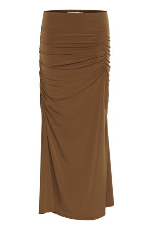 Gonna marrone, lunga fino al ginocchio, realizzata in materiale elasticizzato, con dettagli arricciati sul lato e una finitura liscia. Design semplice e uniforme.