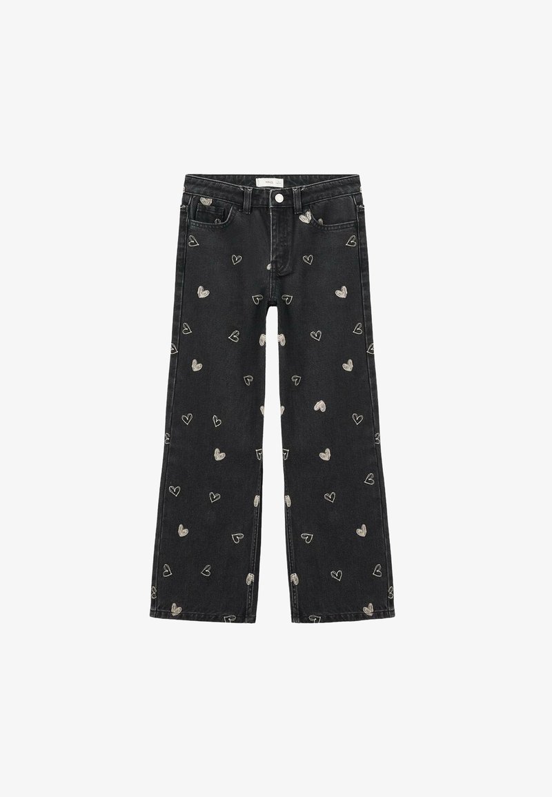 Črne široke hlače z razpršenimi svetlo sivimi srčkastimi motivi ter sprednjimi žepi, gumbom in zanko za pas.