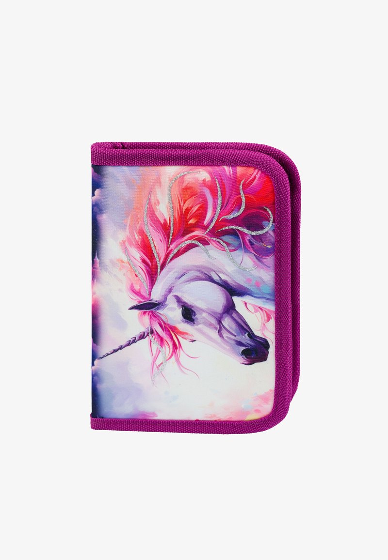 Pytlík na zip s bílým jednorožcem s růžovými a fialovými hřívami na barevném pozadí, orámovaný strukturovanou fialovou tkaninou.