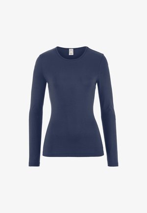 Marineblaues, enganliegendes Langarmshirt mit rundem Ausschnitt und ohne sichtbare Muster oder Logos auf weißem Hintergrund.