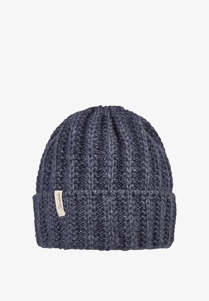 Navy blue knitted beanie with ribbed texture and a folded cuff. Features a small fabric label on the side with the brand name.