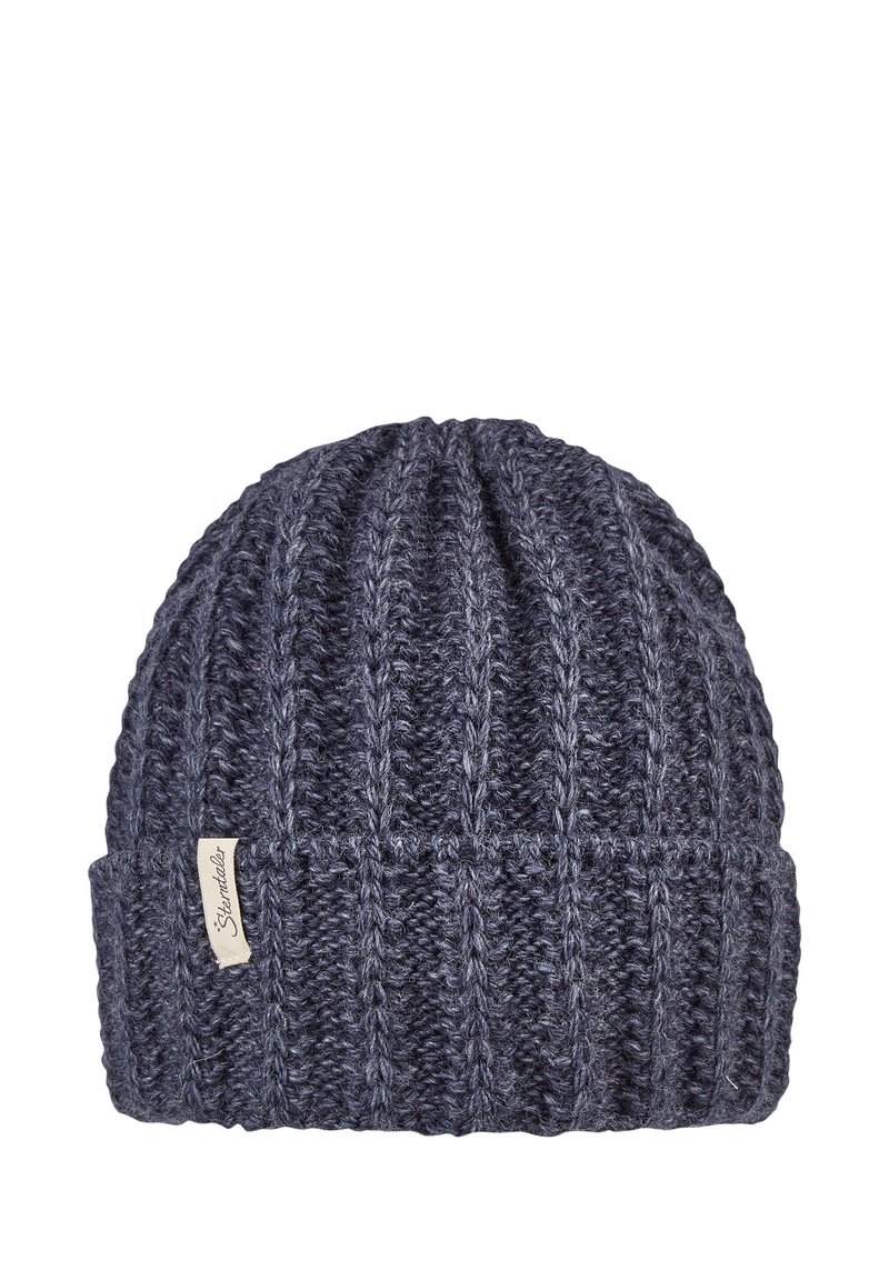 Navy blue knitted beanie with ribbed texture and a folded cuff. Features a small fabric label on the side with the brand name.