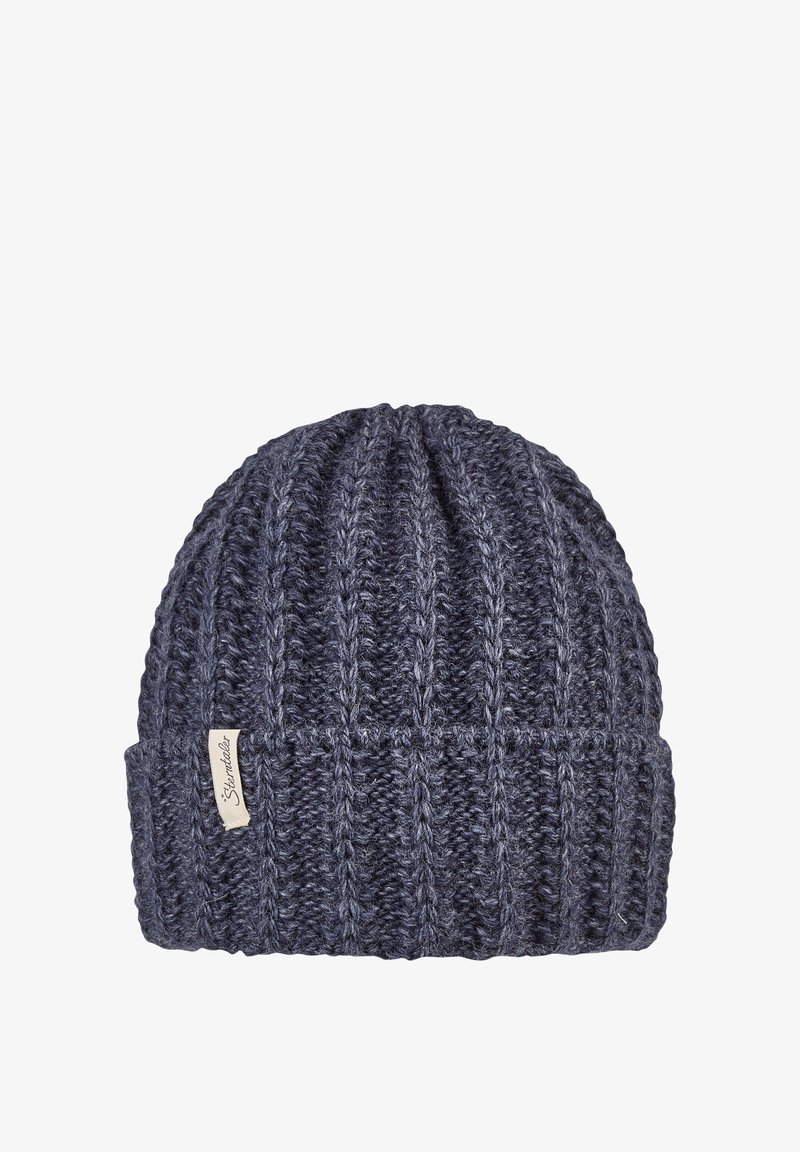 Navy blue knitted beanie with ribbed texture and a folded cuff. Features a small fabric label on the side with the brand name.