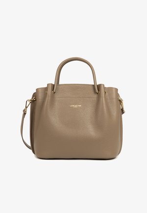 Borsa in pelle taupe a trama con due manici, tracolla rimovibile e piccolo logo dorato "Lancaster Paris" centrato sulla parte anteriore.