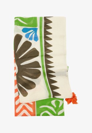 Kolorowy bawełniany szalik z kwiatowymi i geometrycznymi wzorami w odcieniach zieleni, niebieskiego, brązu i pomarańczu, ozdobiony pomarańczowym frędzlem.