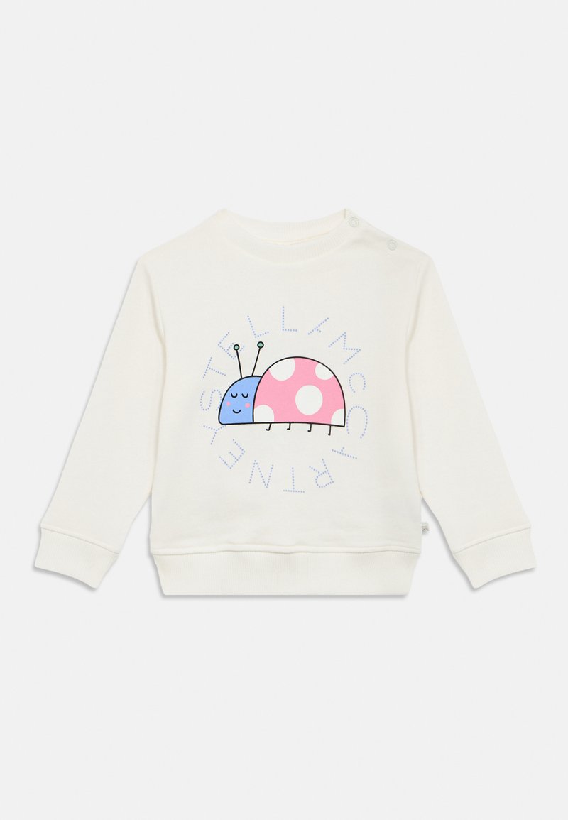 Krém színű pulóver kerek grafikával, amelyen egy mosolygó kék csiga és egy rózsaszín pöttyös katicabogár látható, kék felirattal díszítve.
