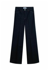 Wijde donkerblauwe denim jeans met een hoge taille, voorzien van voorzakken en een enkele knoopsluiting. De stiksels vormen een contrast met de stof.
