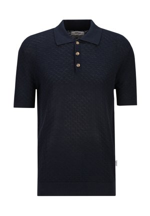 Donkerblauw poloshirt met korte mouwen, een gestructureerd patroon, drie houten knopen en een klassieke kraag.