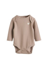 Bodysuit beige à rayures à manches longues avec un col rond et des boutons-pression au bas. Présente un petit graphique d'ours sur la poitrine.