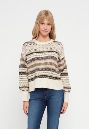 Pull en tricot de couleur crème avec un design à motifs comprenant des nuances de vert, de rose et de noir. Ourlets et poignets côtelés ; coupe décontractée.