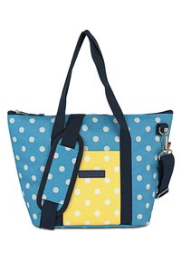 Bolso tote de lunares azules con un bolsillo de acento amarillo. Cuenta con correas de color marino, cierre de cremallera y una correa para el hombro desmontable.